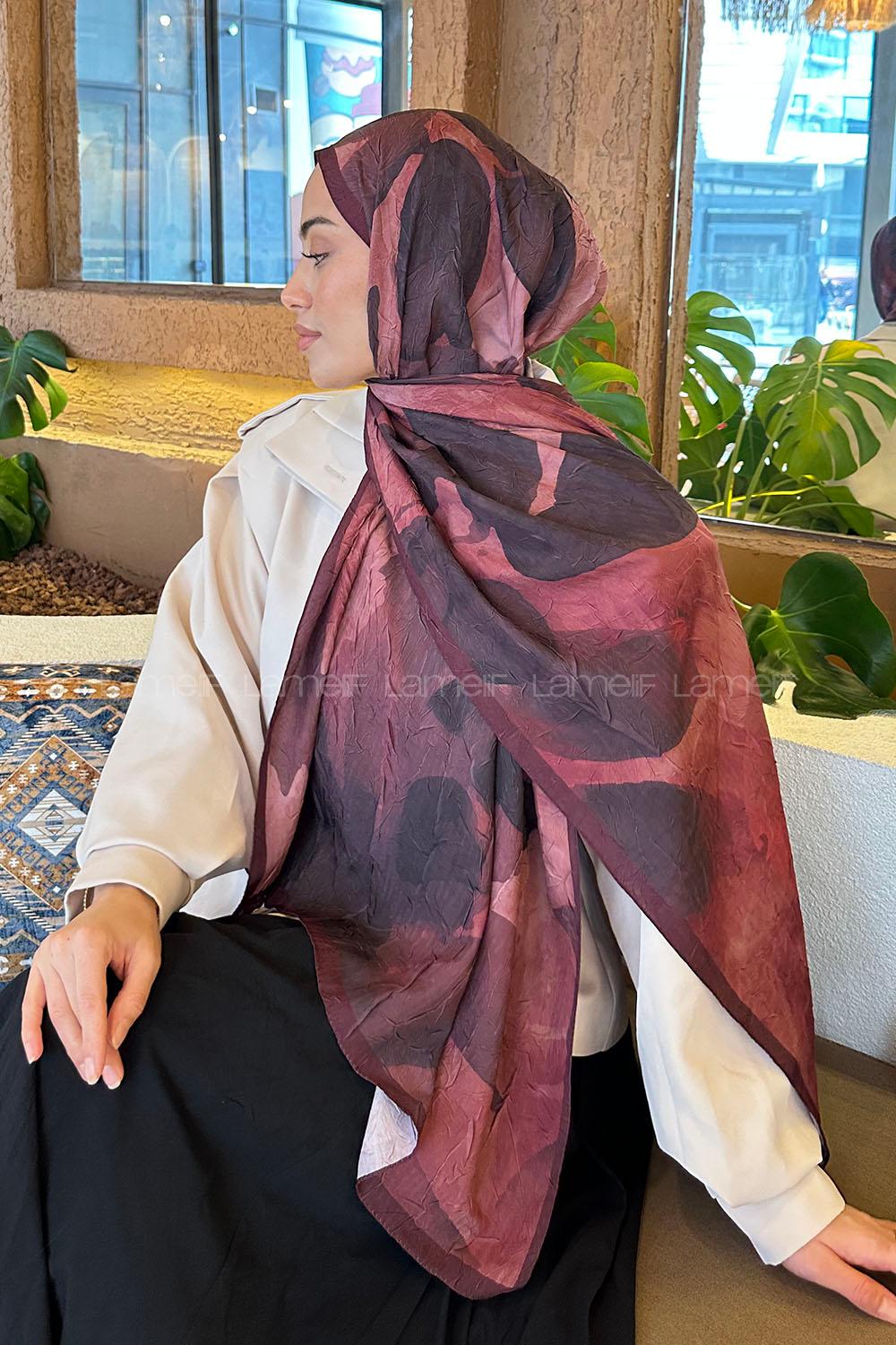 Lamelif Yaprak Desen Bambu Şal Bordo