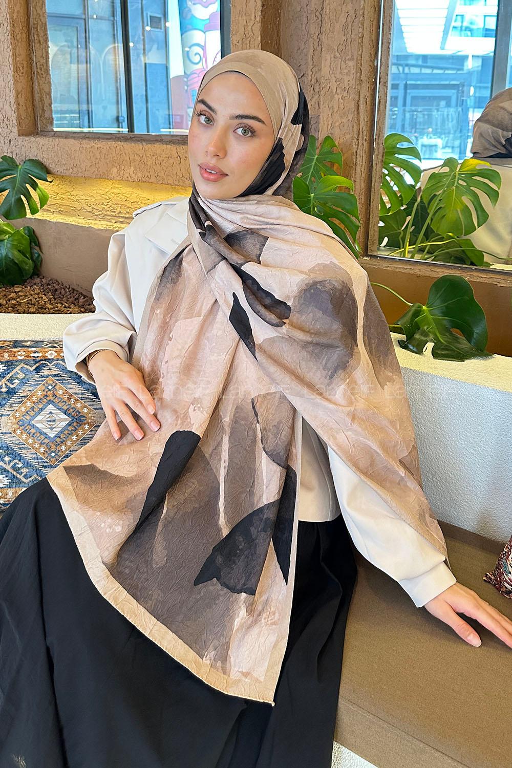 Lamelif Yaprak Desen Bambu Şal Camel