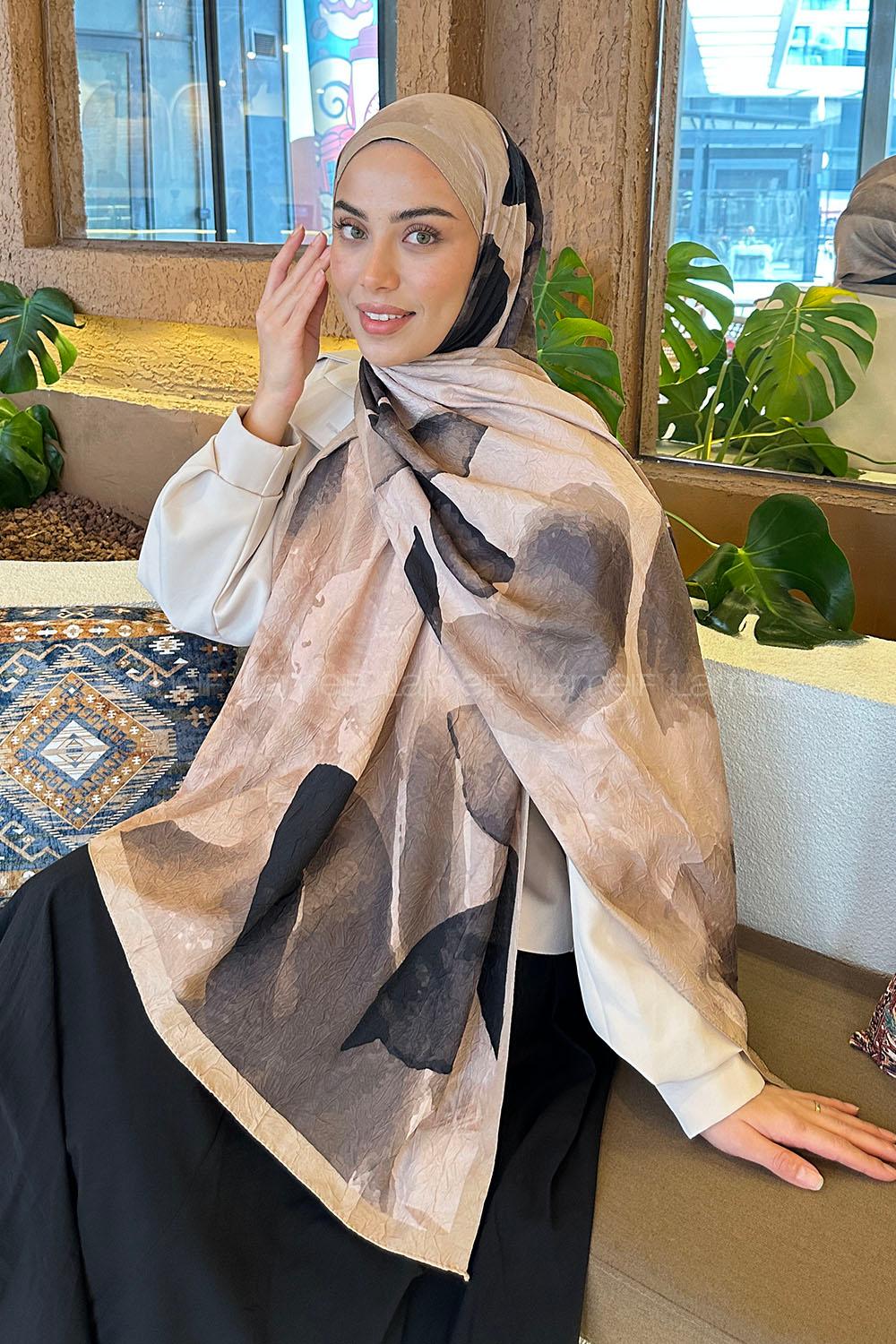 Lamelif Yaprak Desen Bambu Şal Camel