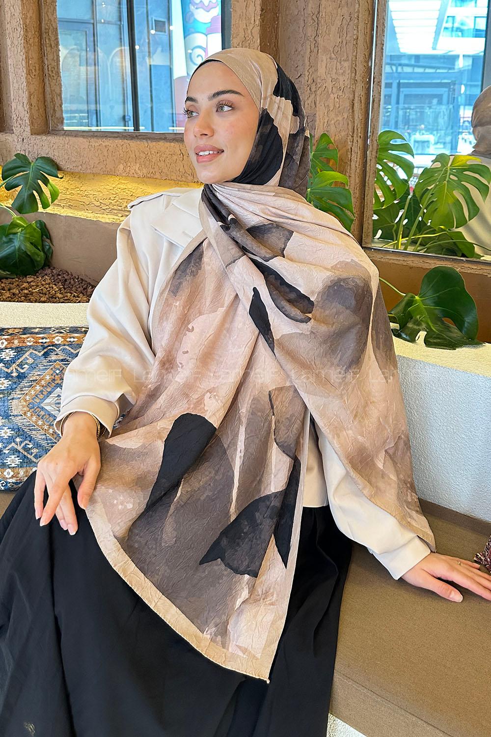 Lamelif Yaprak Desen Bambu Şal Camel