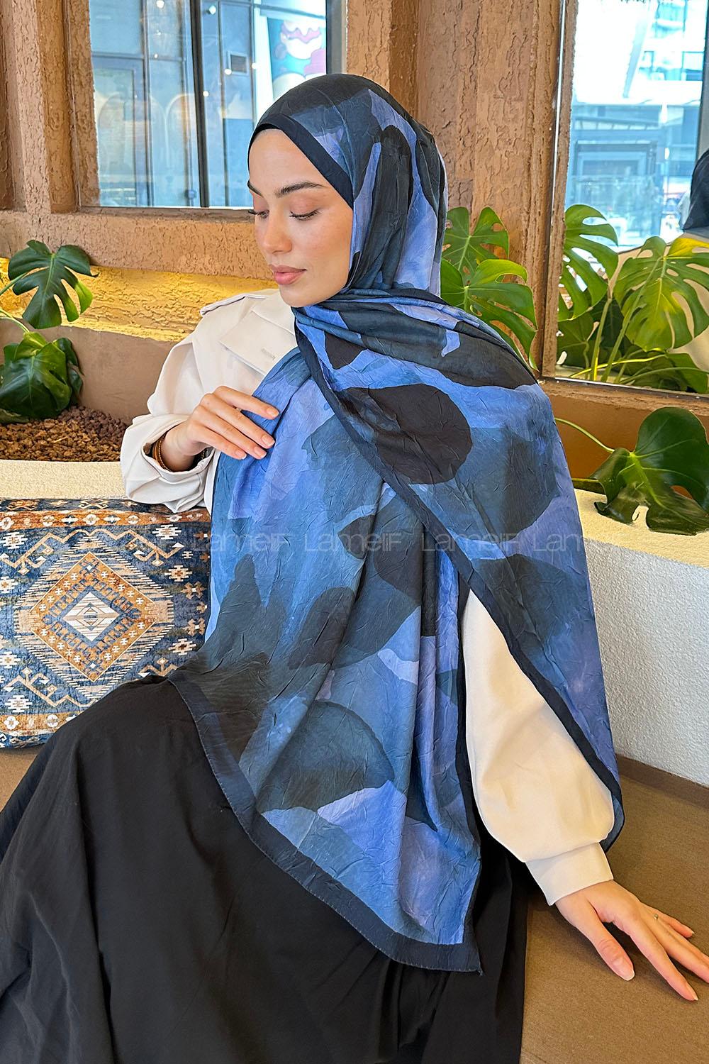 Lamelif Yaprak Desen Bambu Şal Lacivert