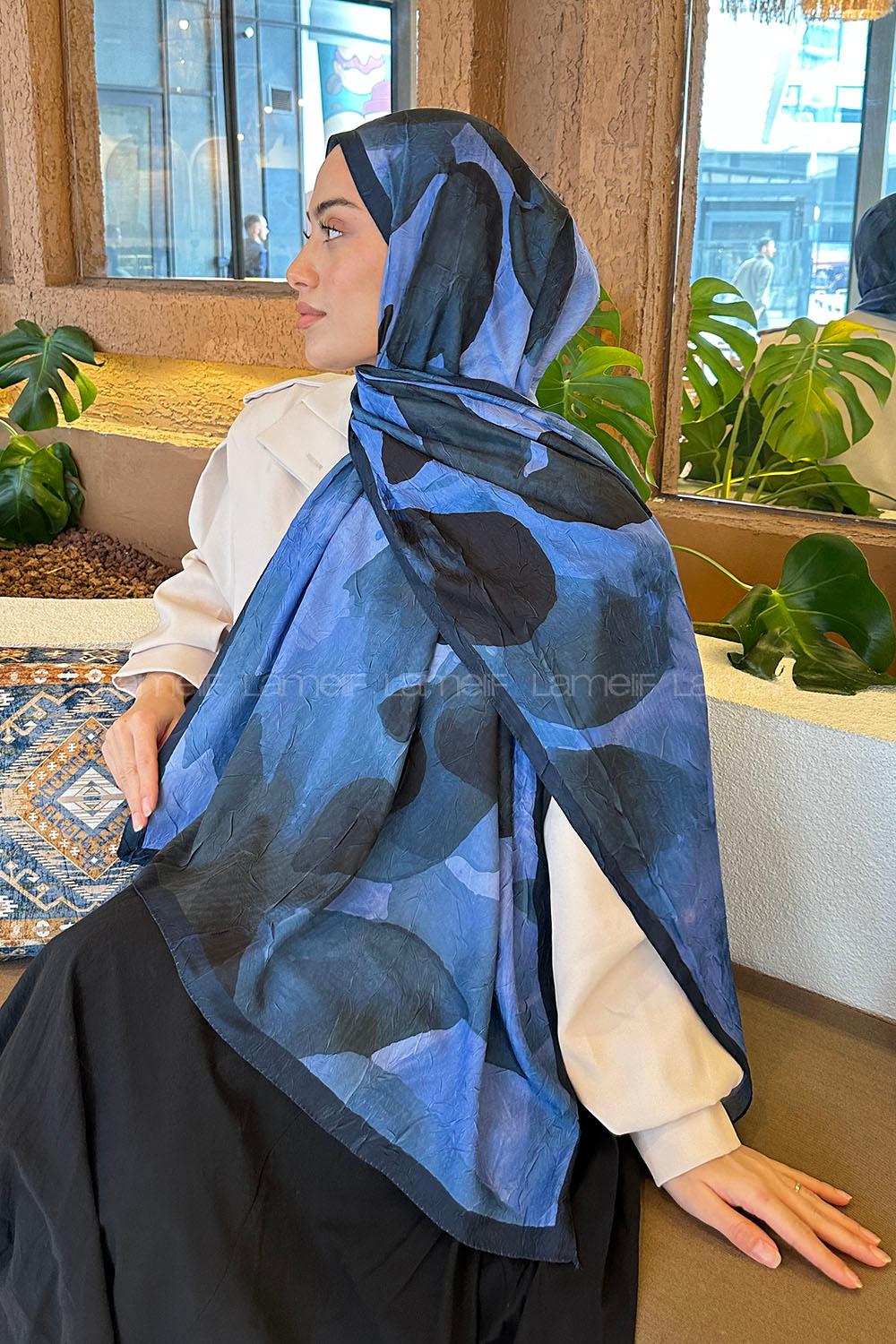 Lamelif Yaprak Desen Bambu Şal Lacivert