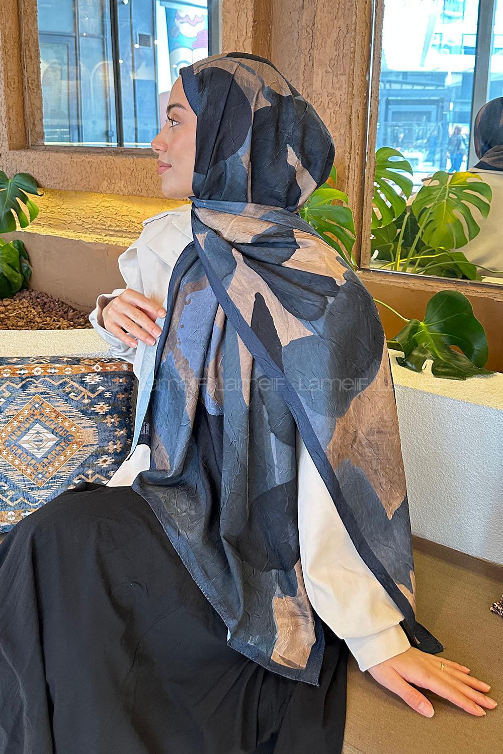 Lamelif Yaprak Desen Bambu Şal Parlament Mavi