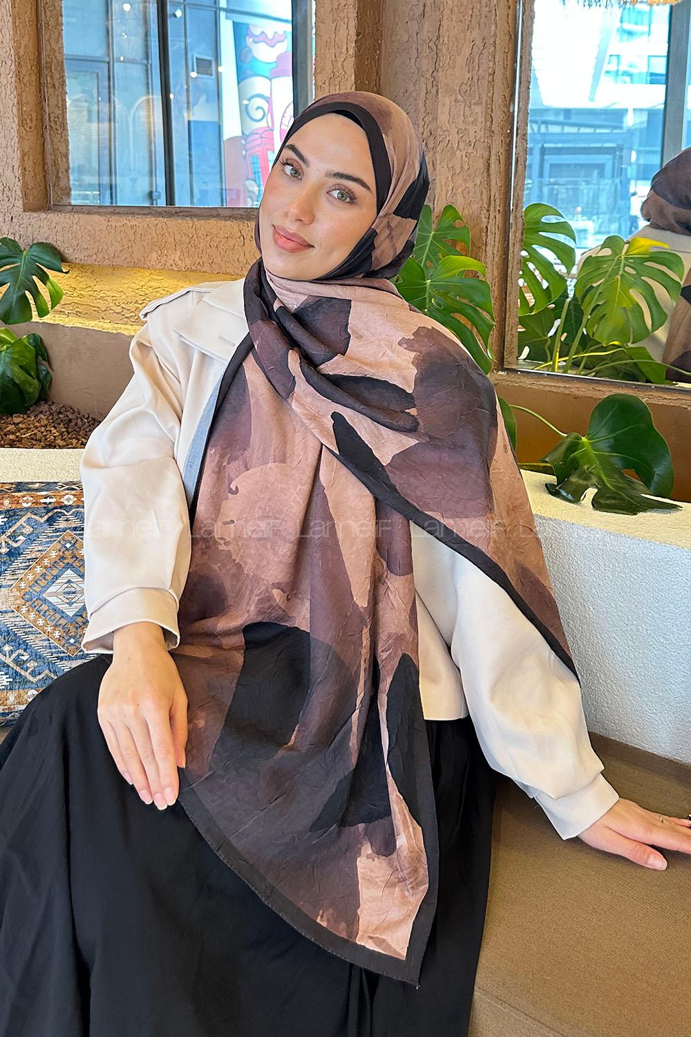 Lamelif Yaprak Desen Bambu Şal Sütlü Kahve