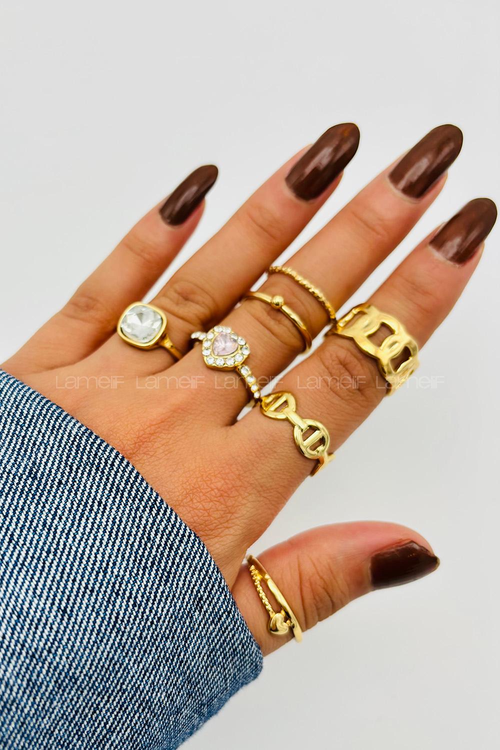 Lamelif Gold 6li Kombin Kristal Kalpli Yüzük Seti