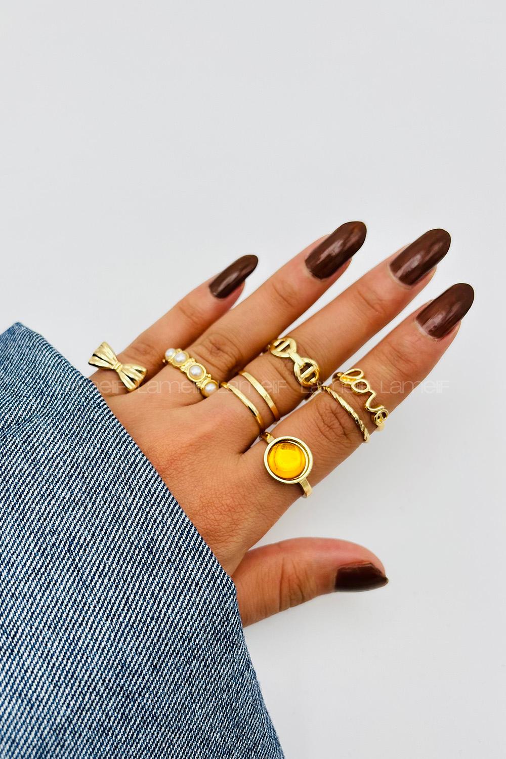 Lamelif Gold 8li Kombin Kurdele Yüzük Seti