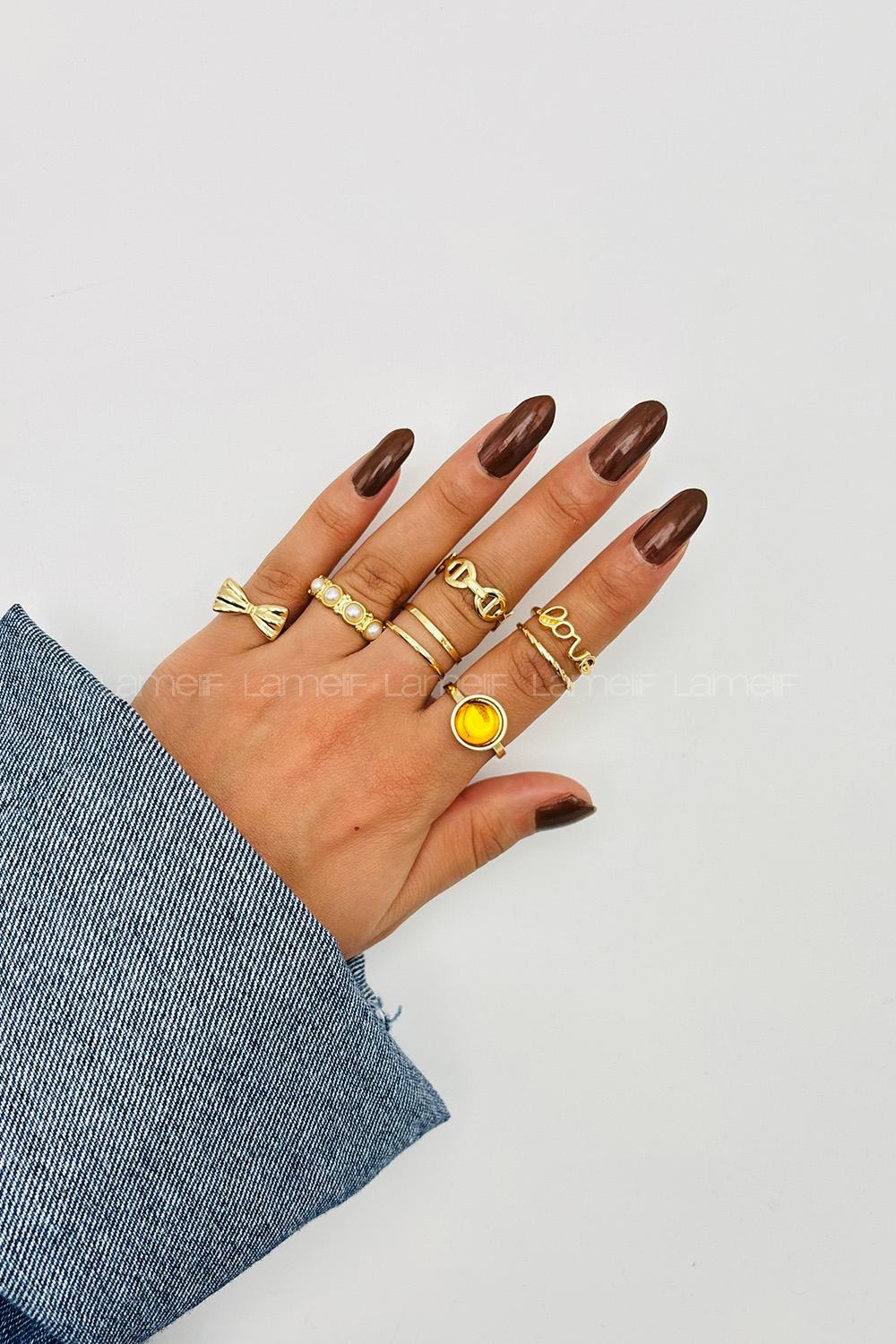 Lamelif Gold 8li Kombin Kurdele Yüzük Seti