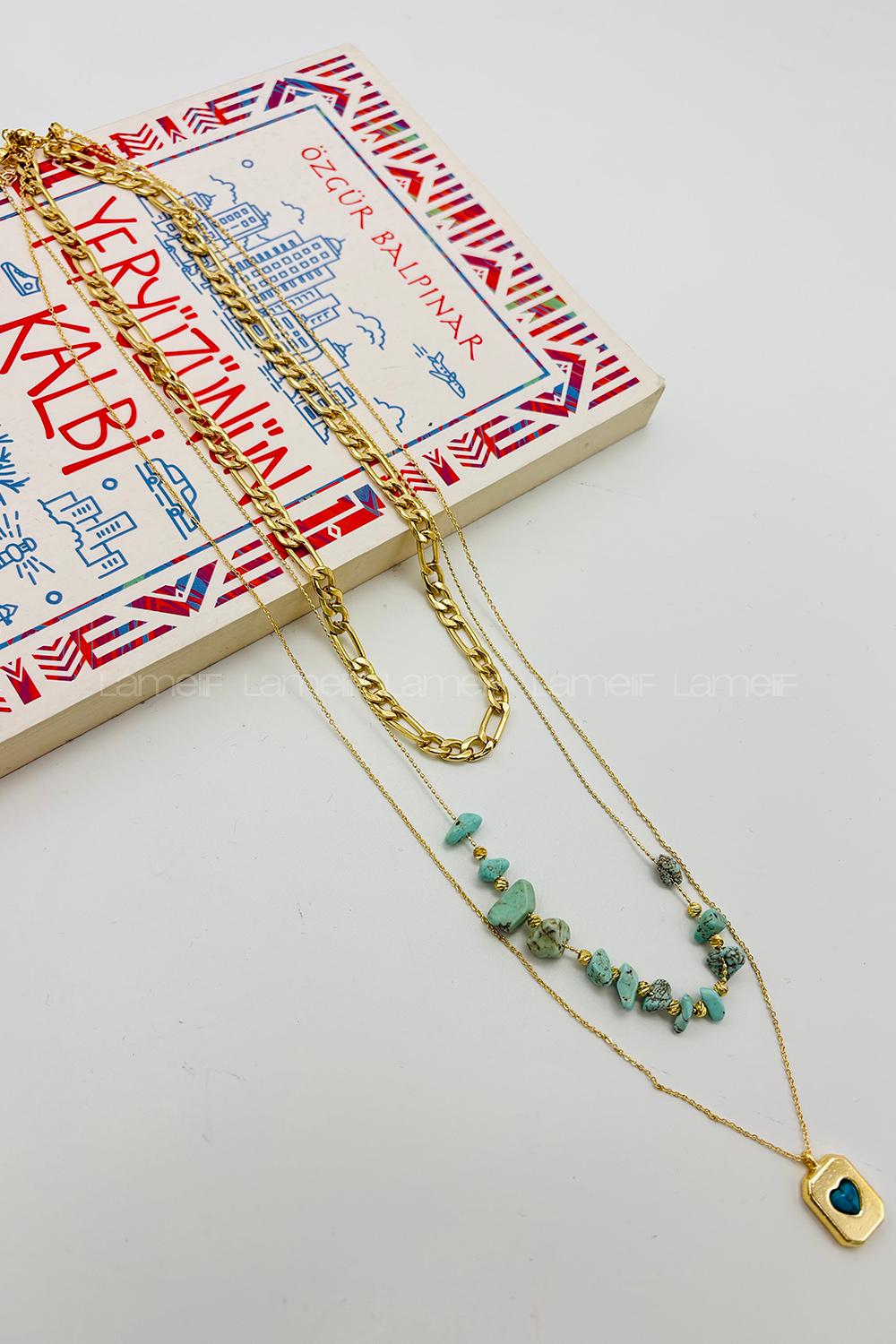 Lamelif Gold Doğal Taş 3lü Kombin Kolye Seti