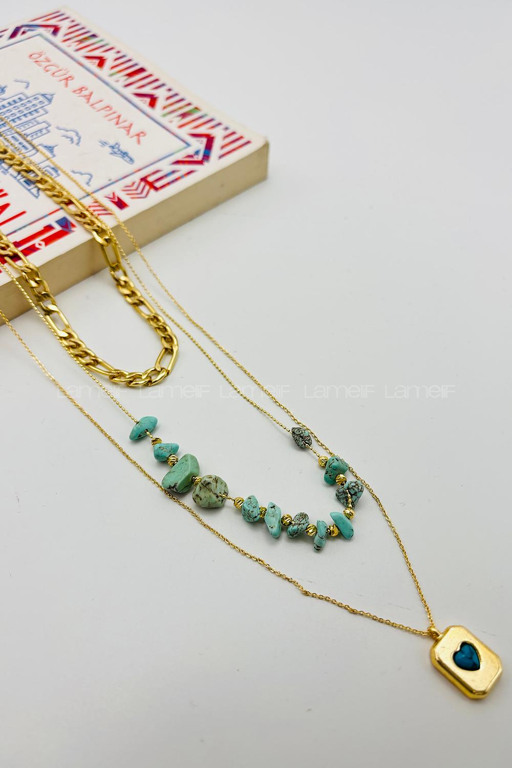 Lamelif Gold Doğal Taş 3lü Kombin Kolye Seti