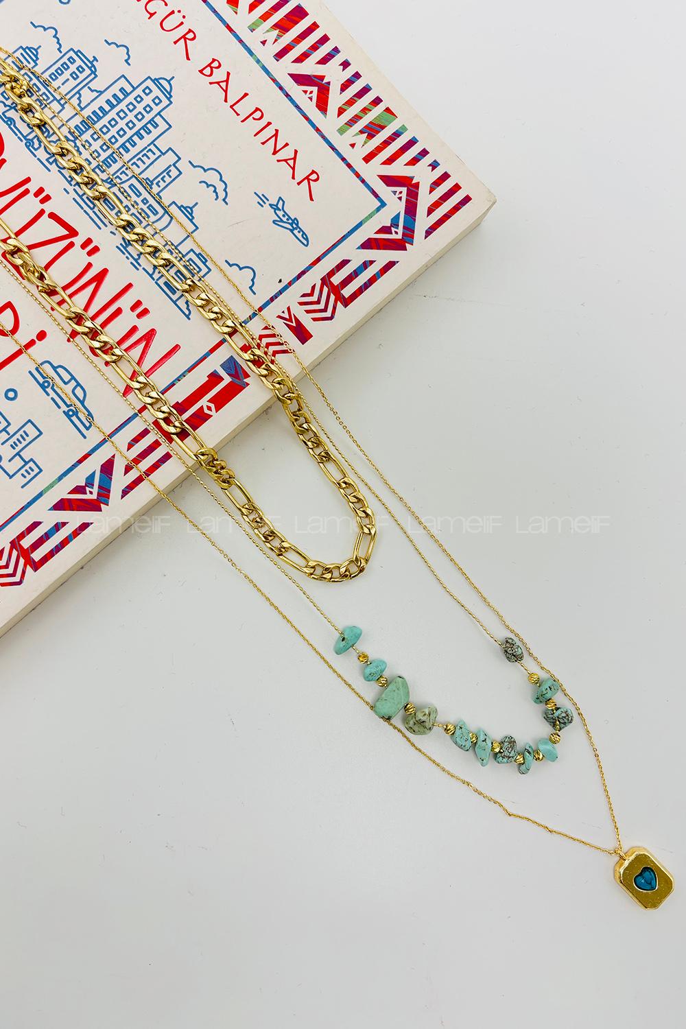 Lamelif Gold Doğal Taş 3lü Kombin Kolye Seti