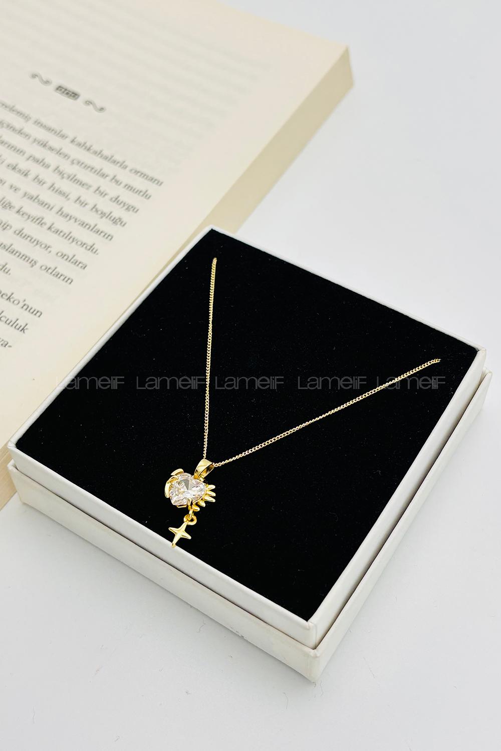 Lamelif Gold Kristal Taşlı Zirkon Sallantılı Kalp Kolye