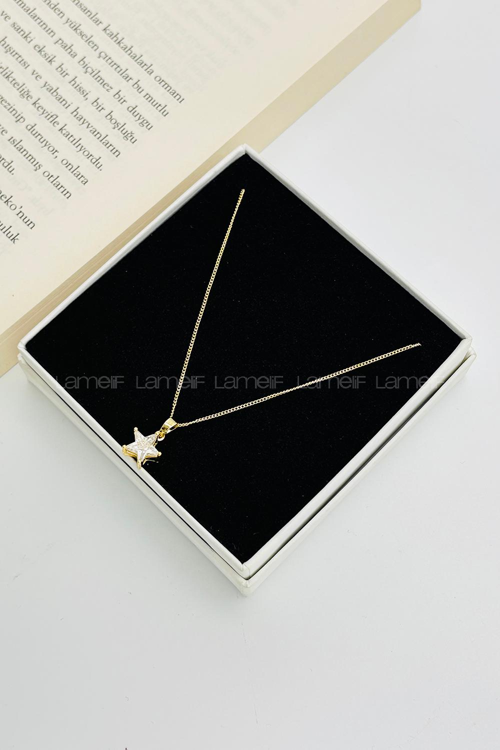 Lamelif Gold Kristal Taşlı Zirkon Yıldız Kolye