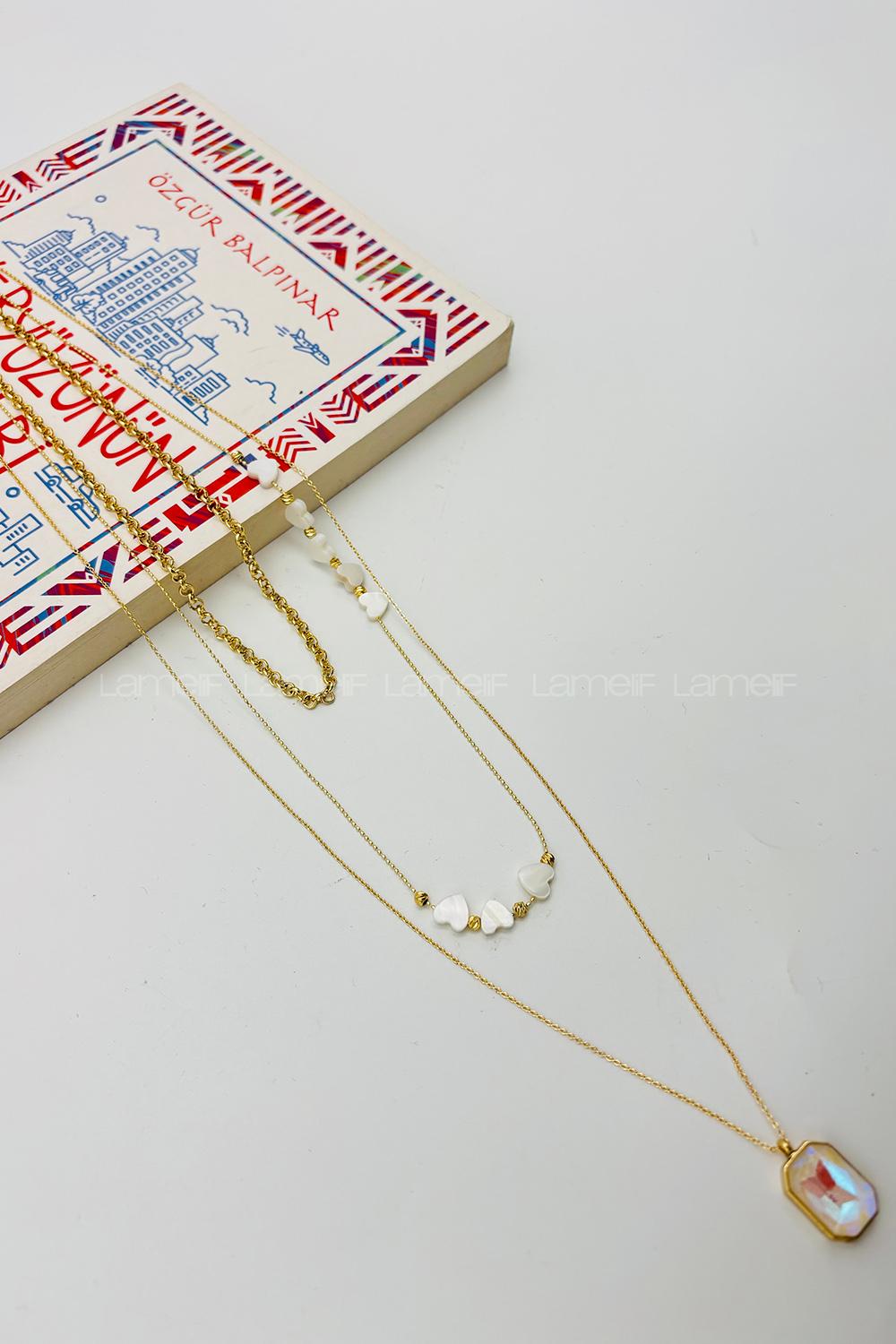 Lamelif Gold Sedef Kalp 3lü Kombin Kolye Seti