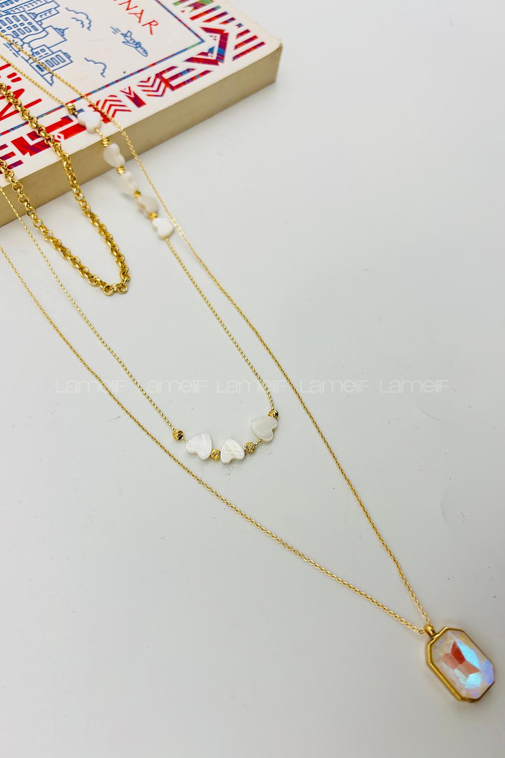 Lamelif Gold Sedef Kalp 3lü Kombin Kolye Seti