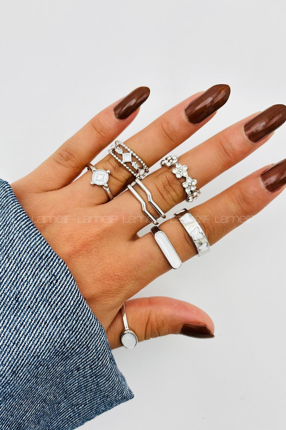 Lamelif Gümüş 7li Kombin Çiçekli Yüzük Seti