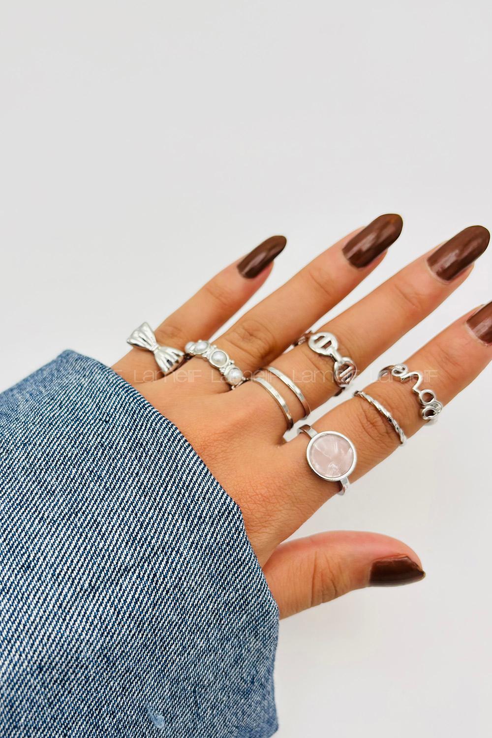 Lamelif Gümüş 8li Kombin Kurdele Yüzük Seti