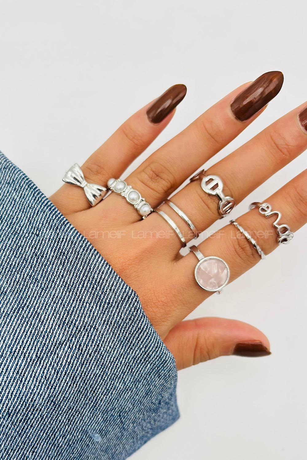 Lamelif Gümüş 8li Kombin Kurdele Yüzük Seti