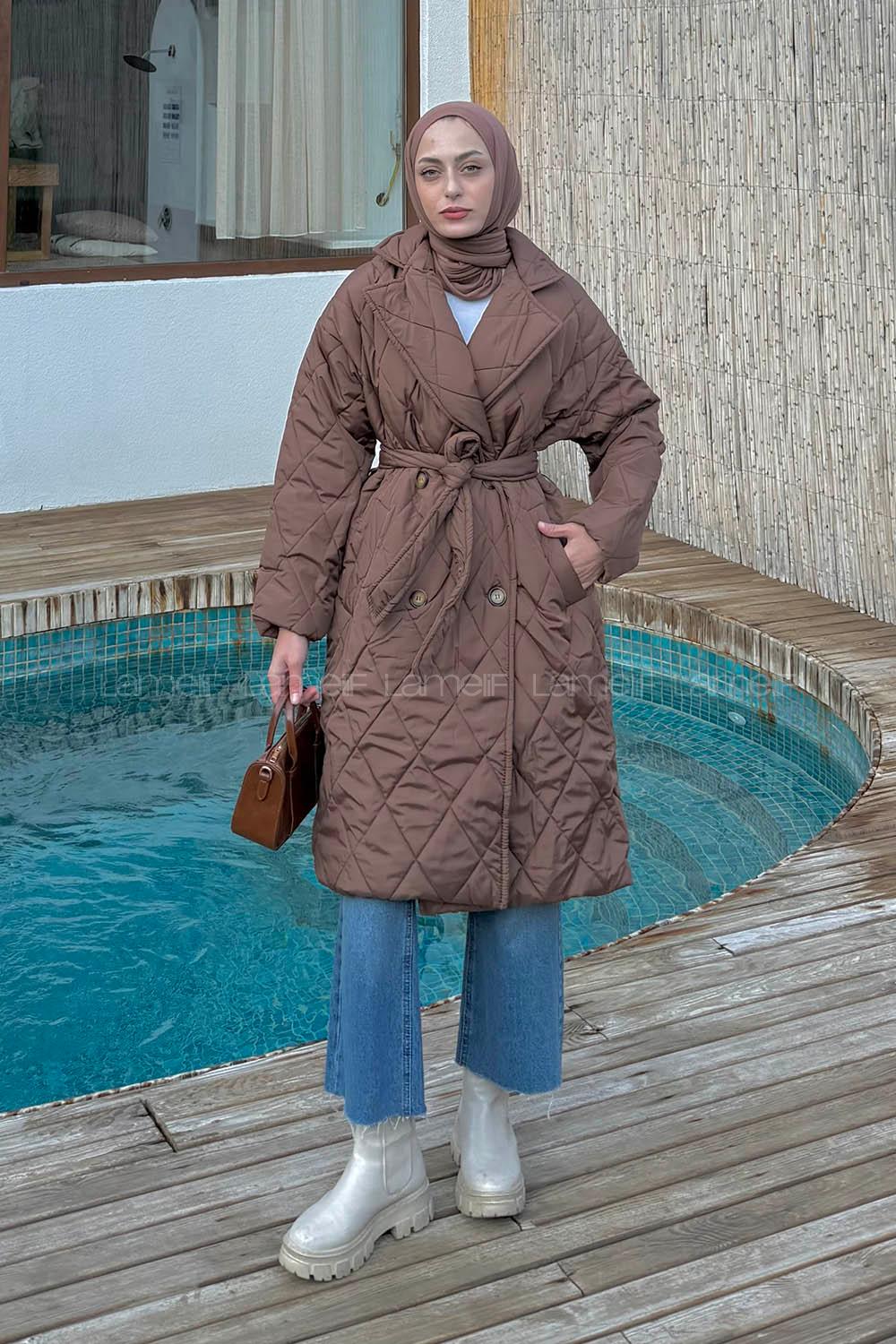 Lamelif Bağlama Detaylı Kapitone Mont Acı Kahve