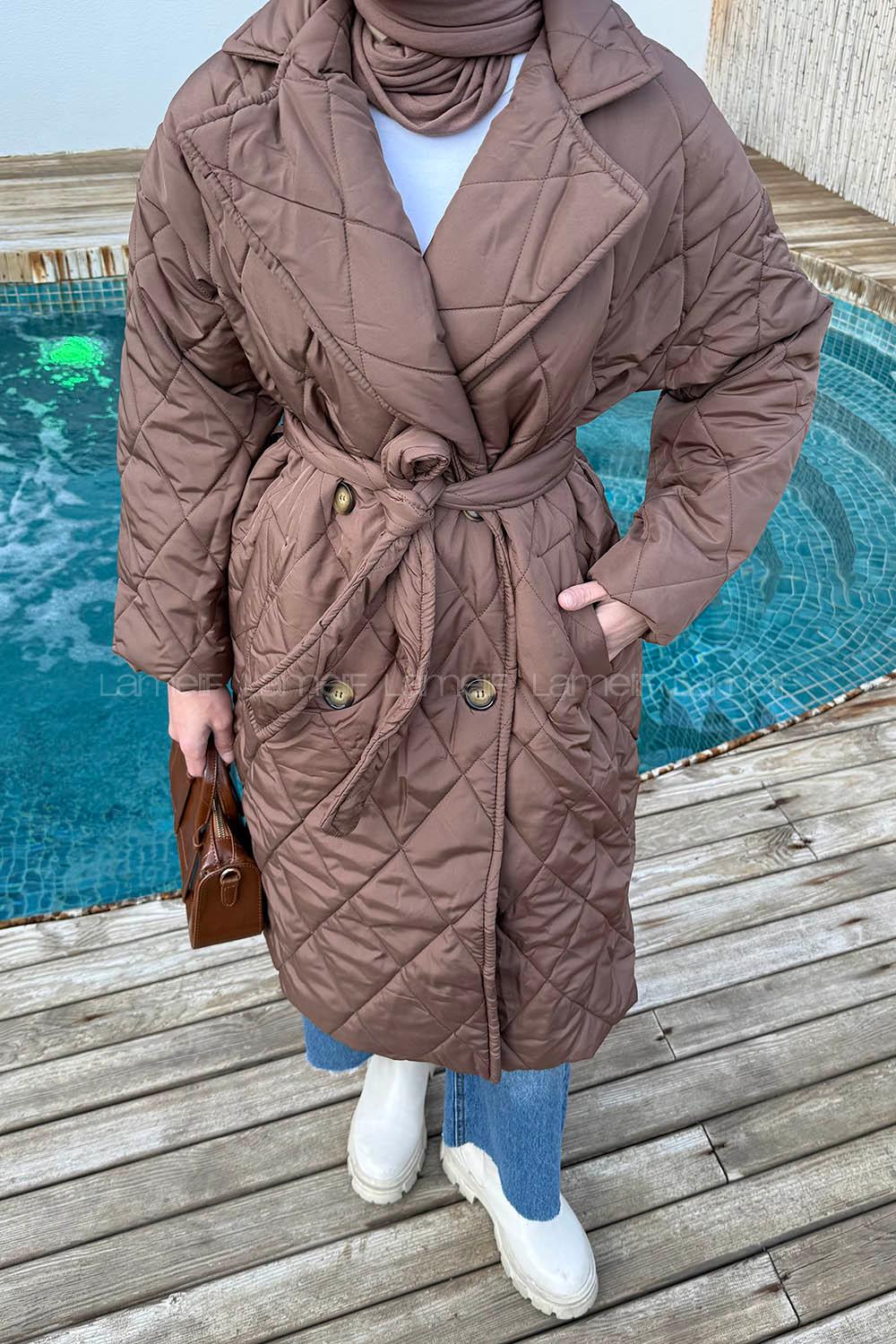 Lamelif Bağlama Detaylı Kapitone Mont Acı Kahve