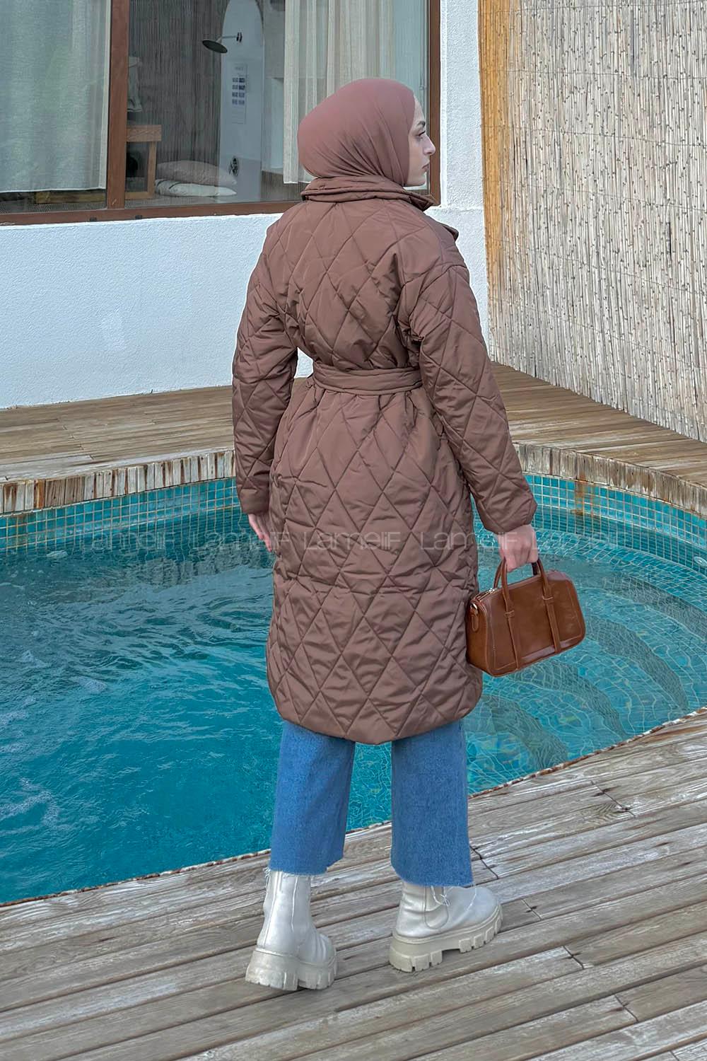 Lamelif Bağlama Detaylı Kapitone Mont Acı Kahve