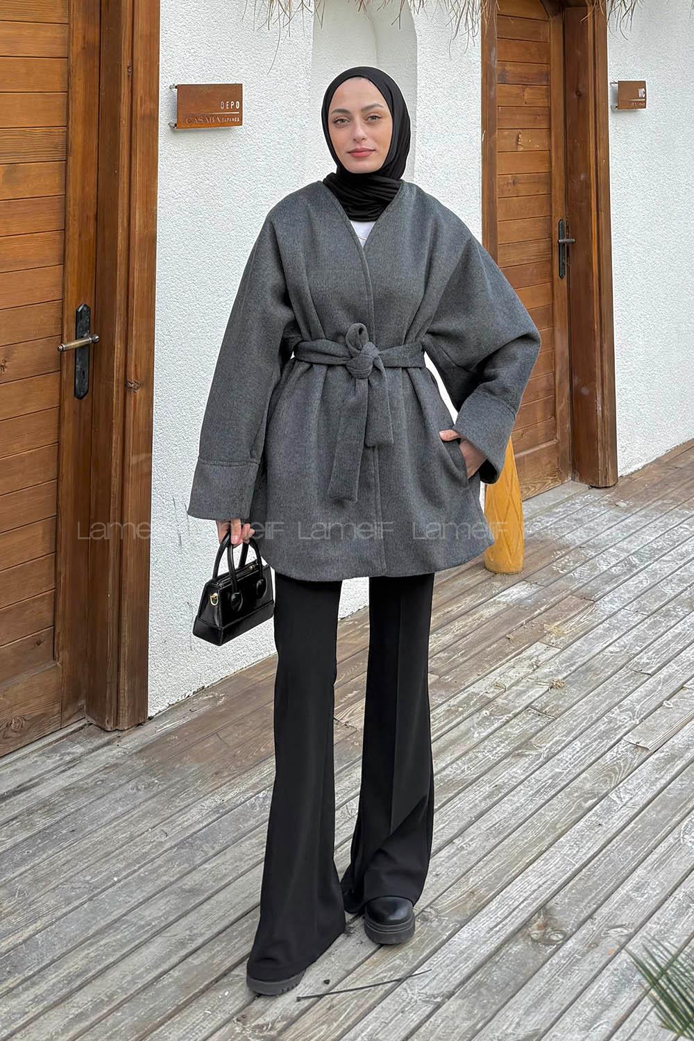 Lamelif Bağlama Detaylı Kaşe Kaban Antrasit