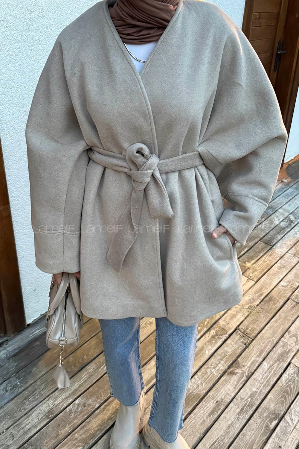 Lamelif Bağlama Detaylı Kaşe Kaban Vizonrengi