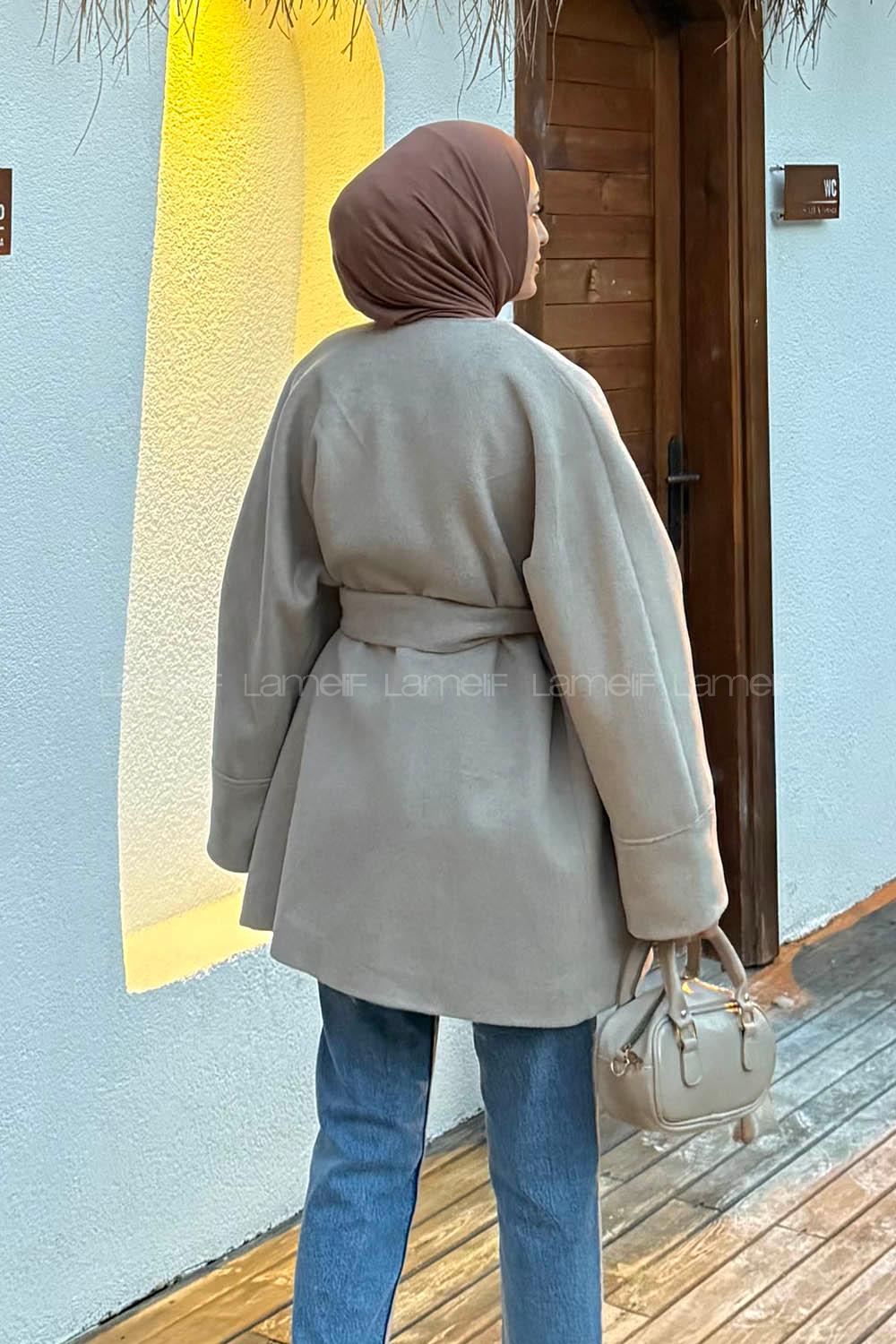 Lamelif Bağlama Detaylı Kaşe Kaban Vizonrengi