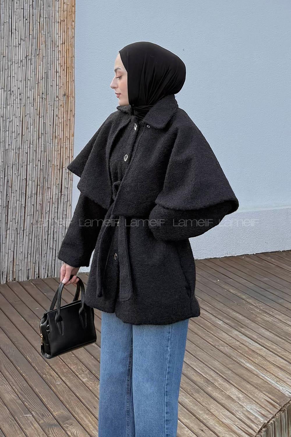 Lamelif Bağlama Detaylı Pelerinli Kaban Siyah