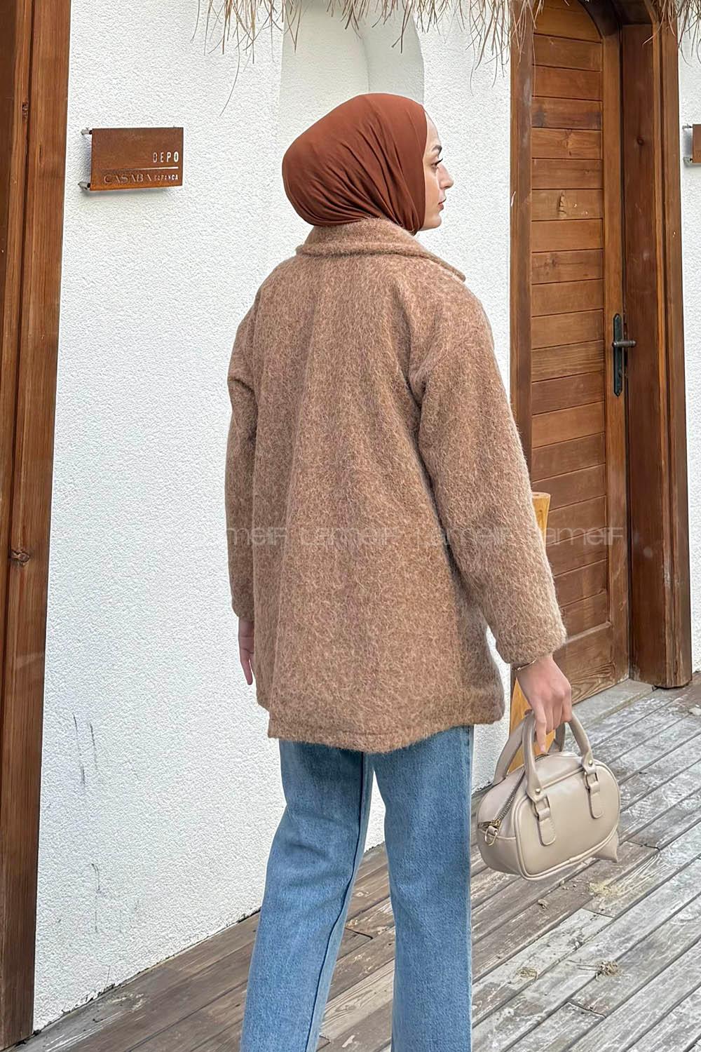 Lamelif Düğmeli Klasik Kaban Camel