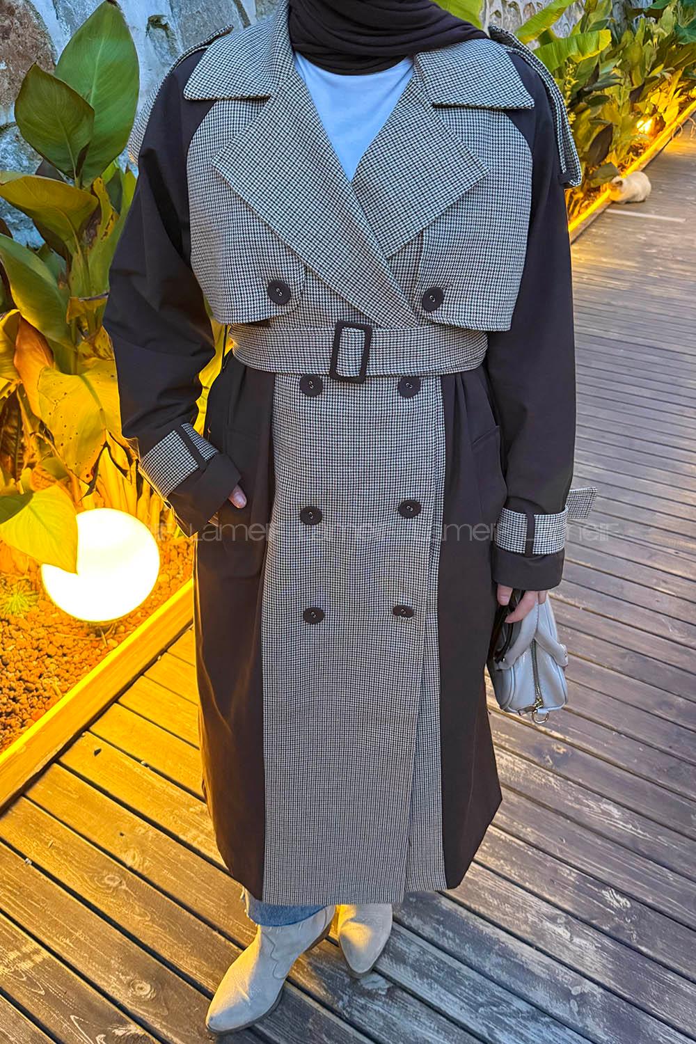 Lamelif Ekoseli Reglan Trençkot Acı Kahve