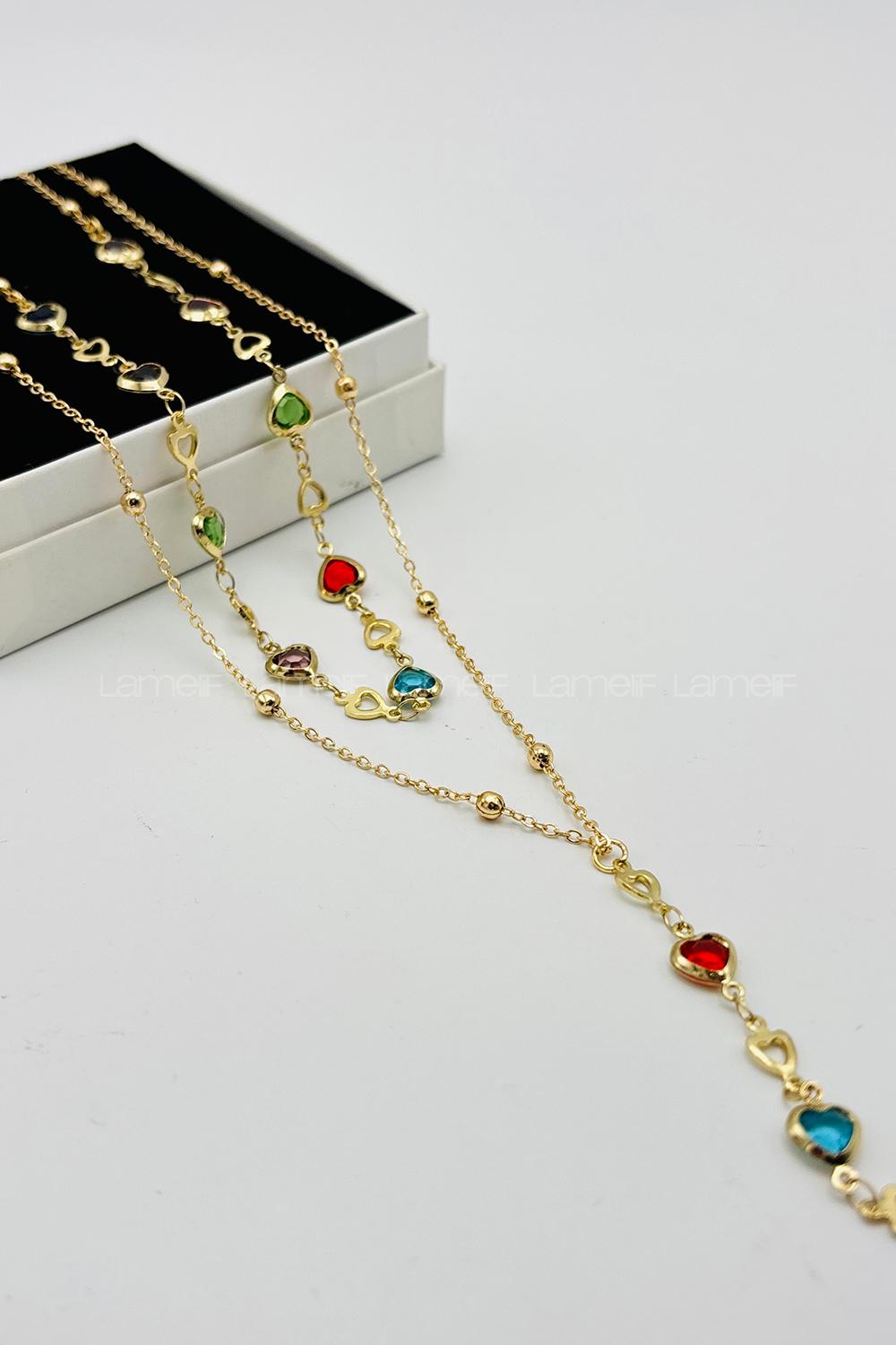Lamelif Gold 2li Çokrenkli Kalp Y Kolye