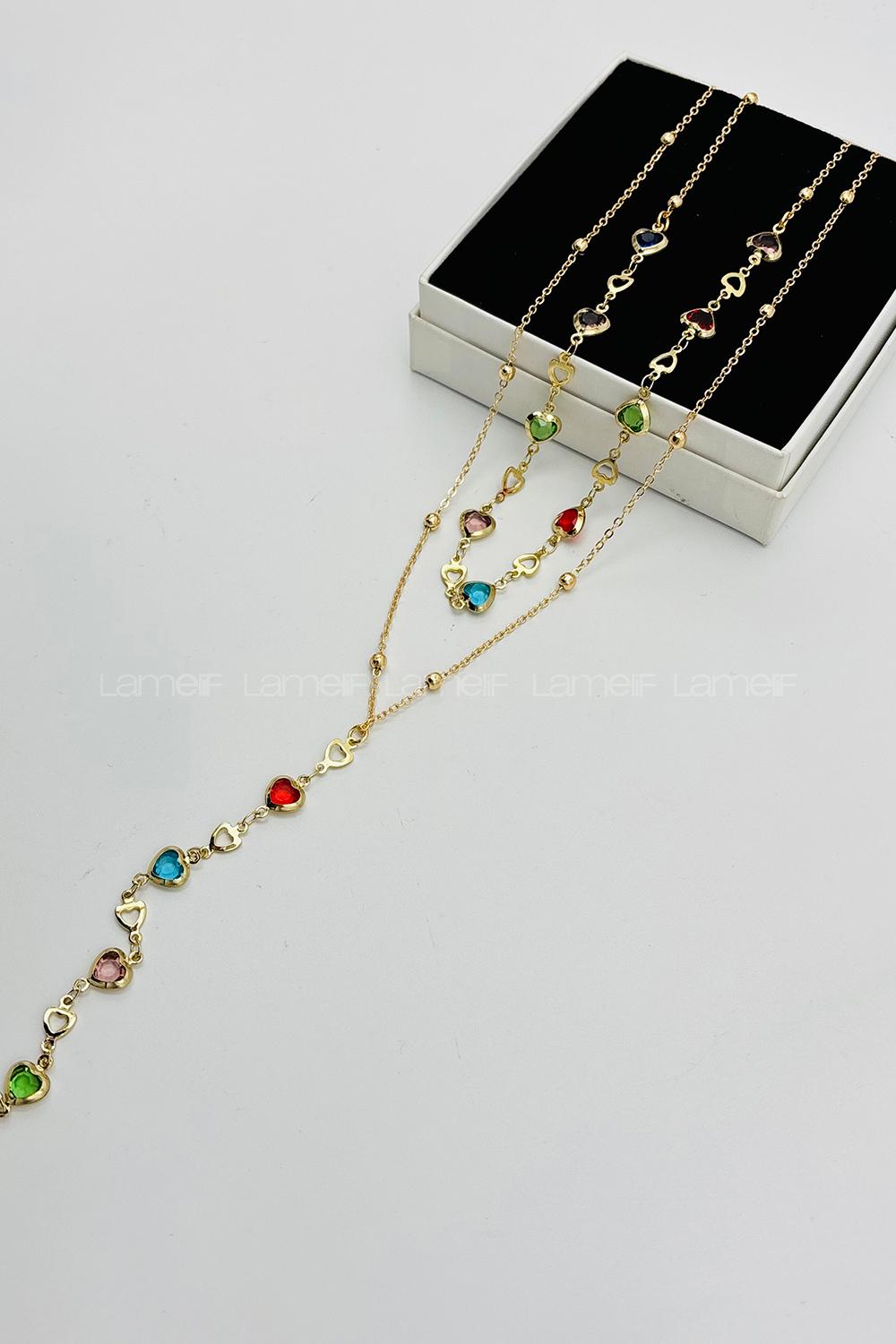 Lamelif Gold 2li Çokrenkli Kalp Y Kolye