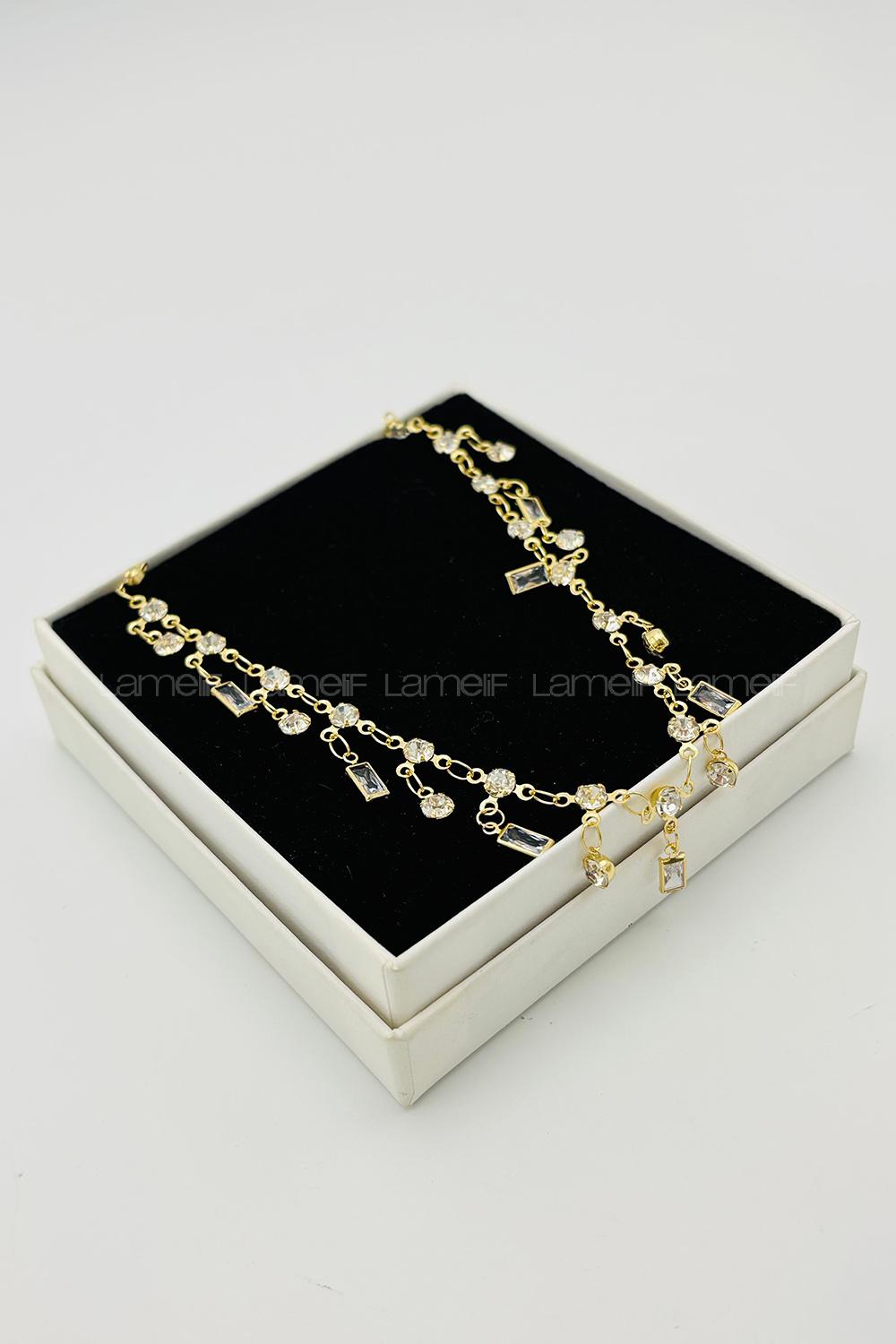 Lamelif Gold Çelik Kristal Taşlı Sallantılı Kararmaz Kolye