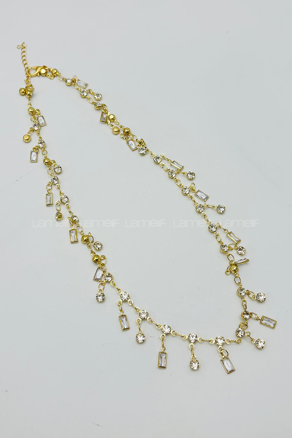 Lamelif Gold Çelik Kristal Taşlı Sallantılı Kararmaz Kolye