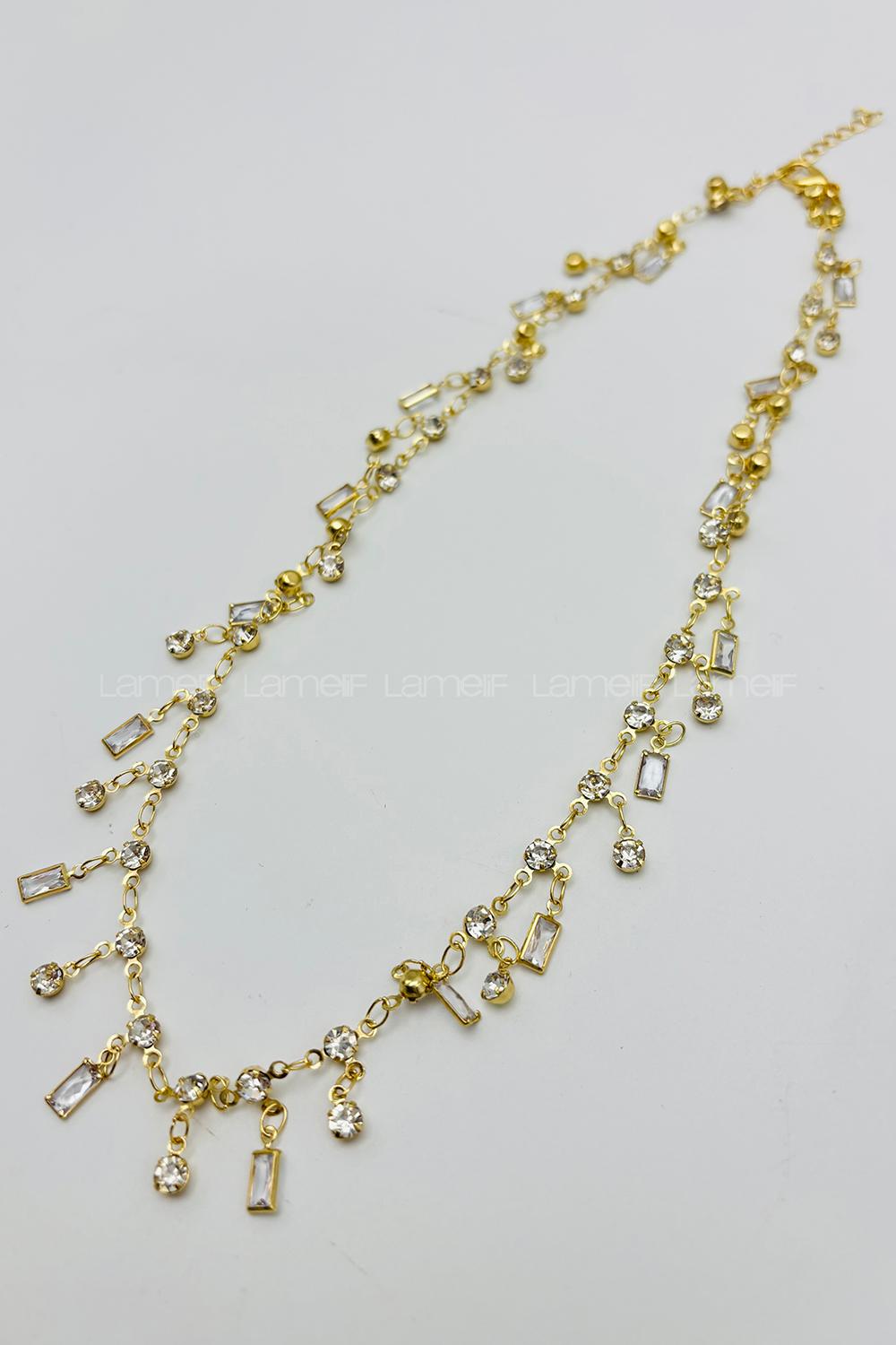 Lamelif Gold Çelik Kristal Taşlı Sallantılı Kararmaz Kolye