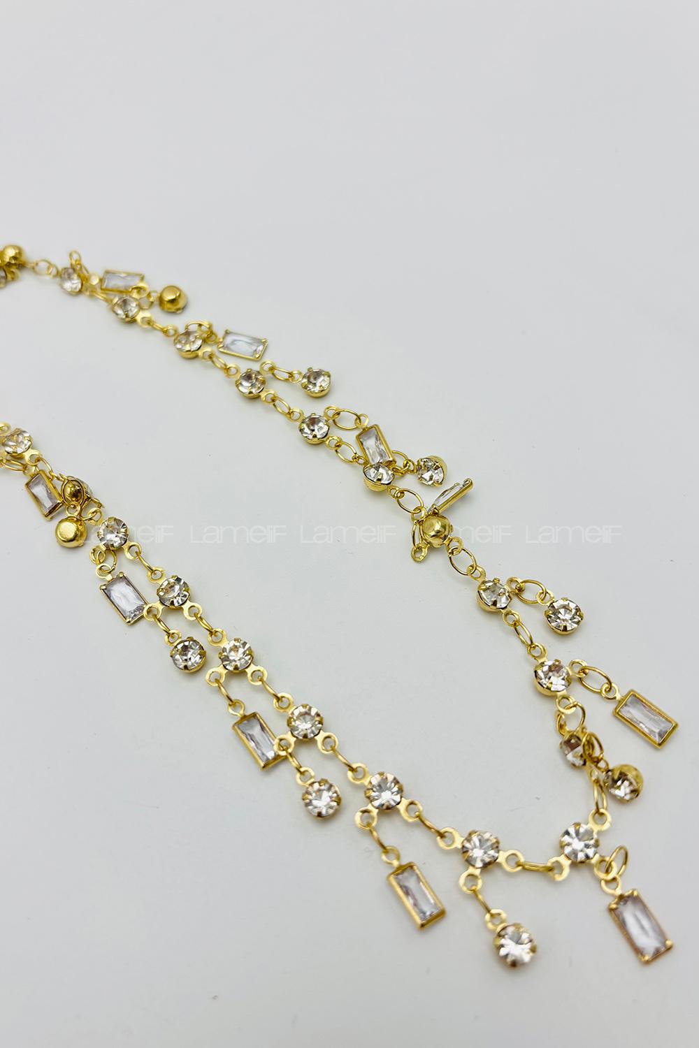 Lamelif Gold Çelik Kristal Taşlı Sallantılı Kararmaz Kolye