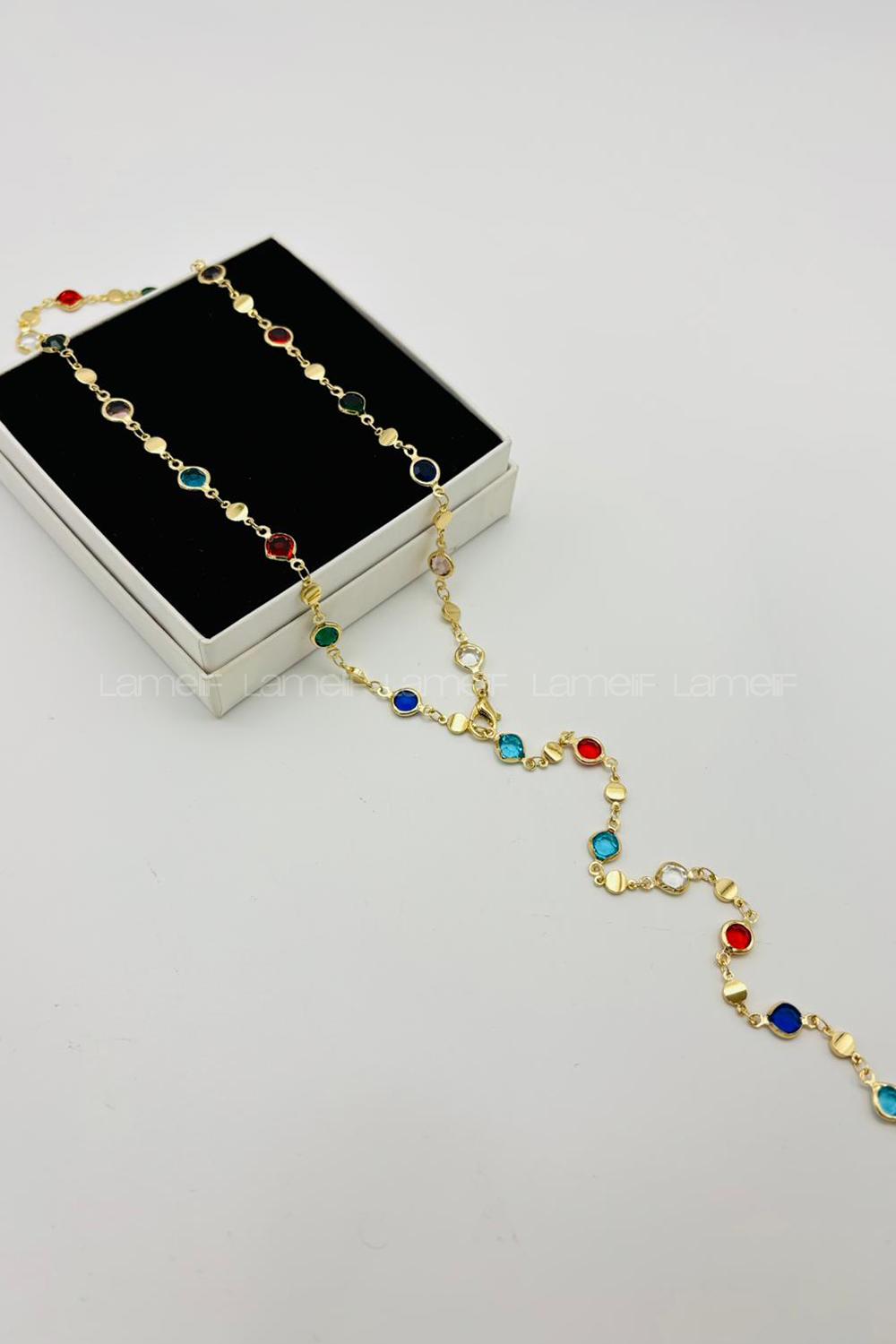 Lamelif Gold Çokrenkli Oval Taşlı Y Kolye