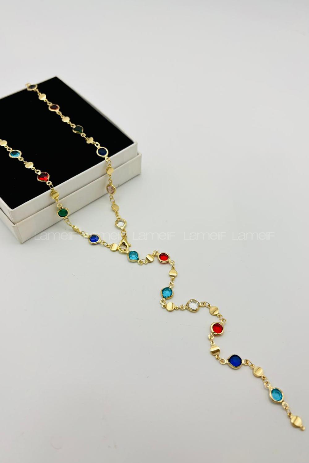 Lamelif Gold Çokrenkli Oval Taşlı Y Kolye