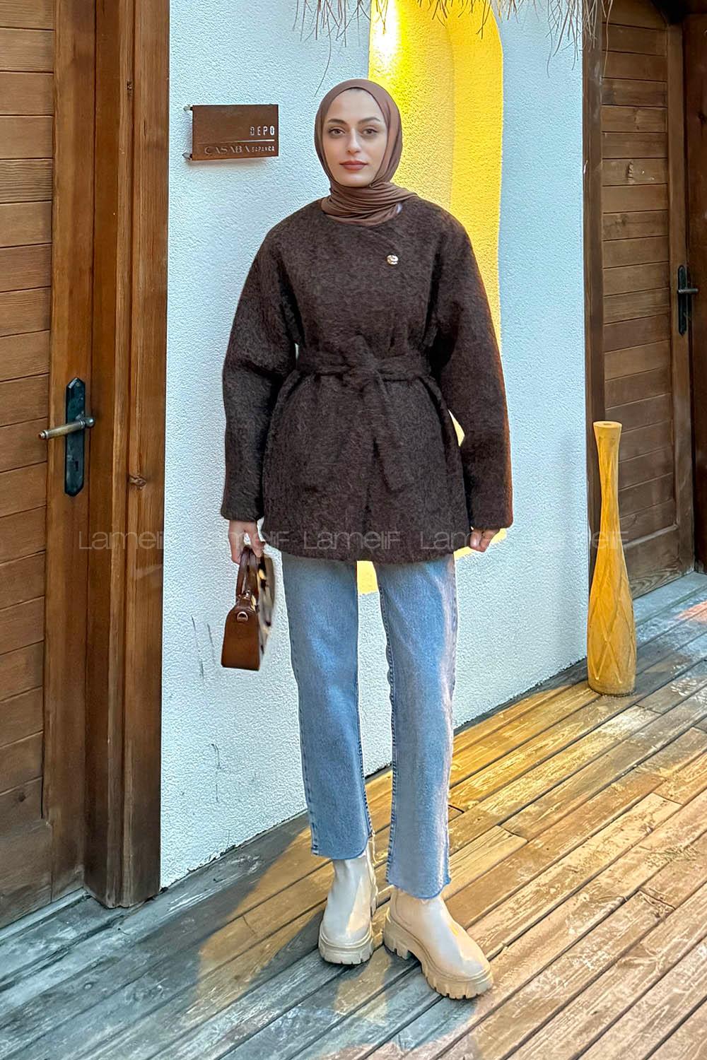Bitter Brown Crew Neck Long Arm Coat