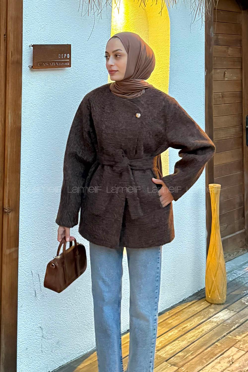 Bitter Brown Crew Neck Long Arm Coat