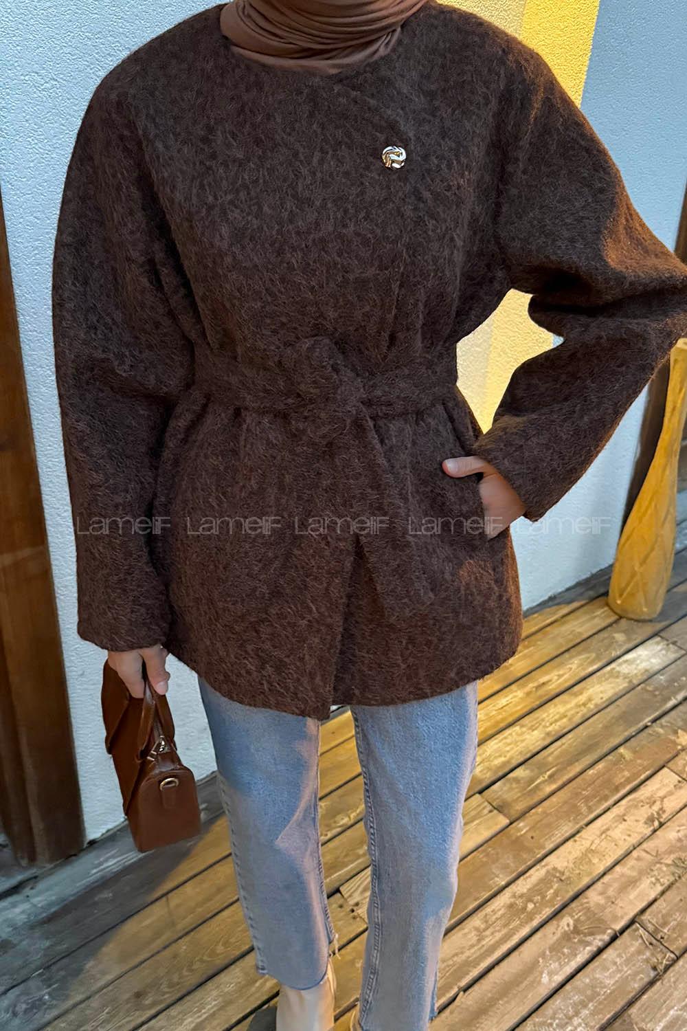 Bitter Brown Crew Neck Long Arm Coat