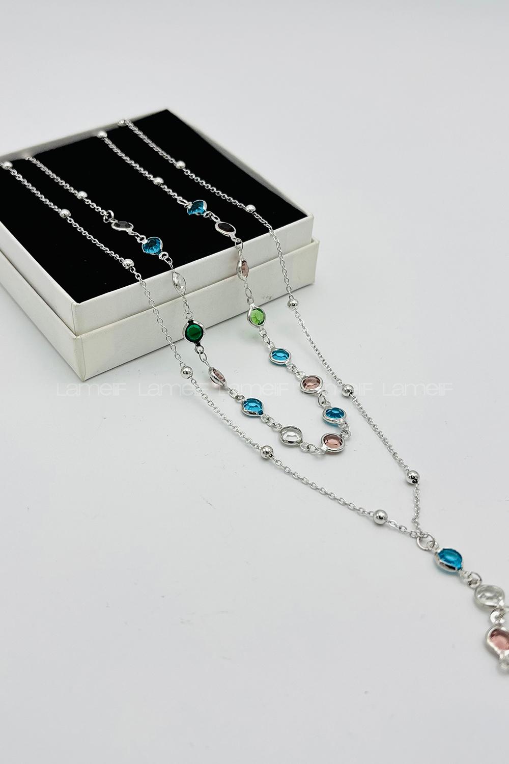 Lamelif Gümüş 2li Çokrenkli Oval Y Kolye