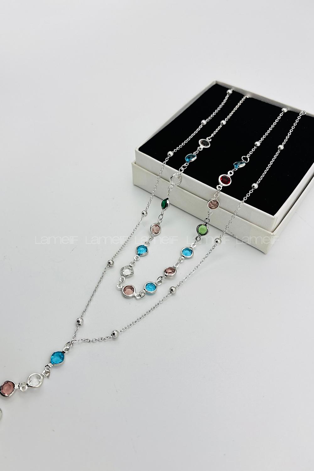 Lamelif Gümüş 2li Çokrenkli Oval Y Kolye