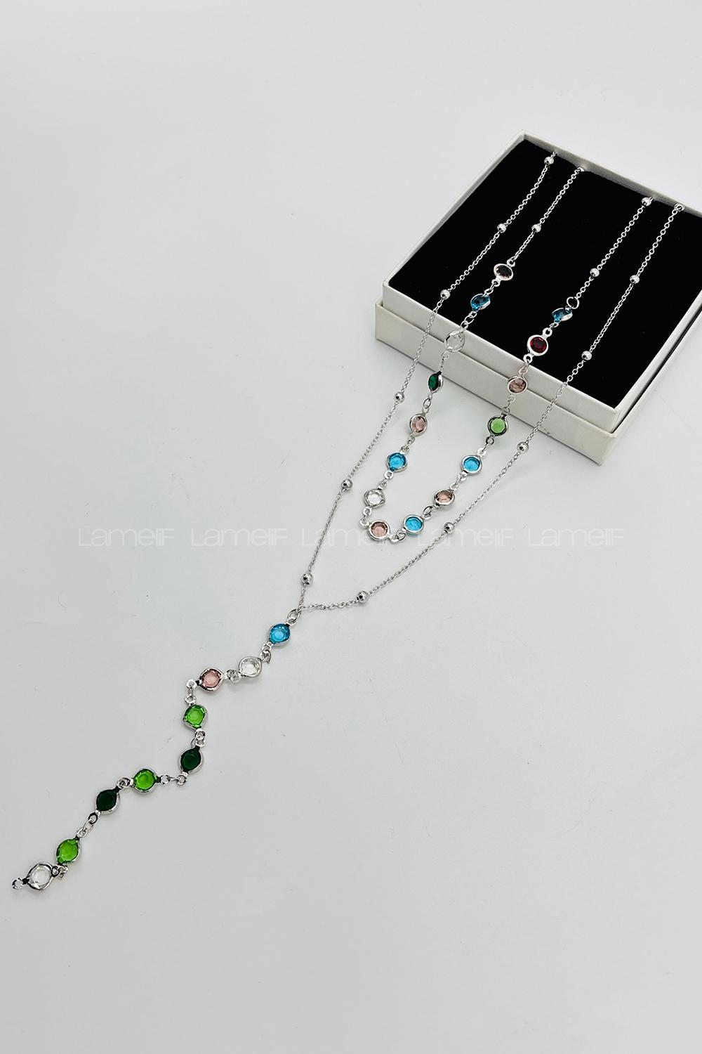 Lamelif Gümüş 2li Çokrenkli Oval Y Kolye