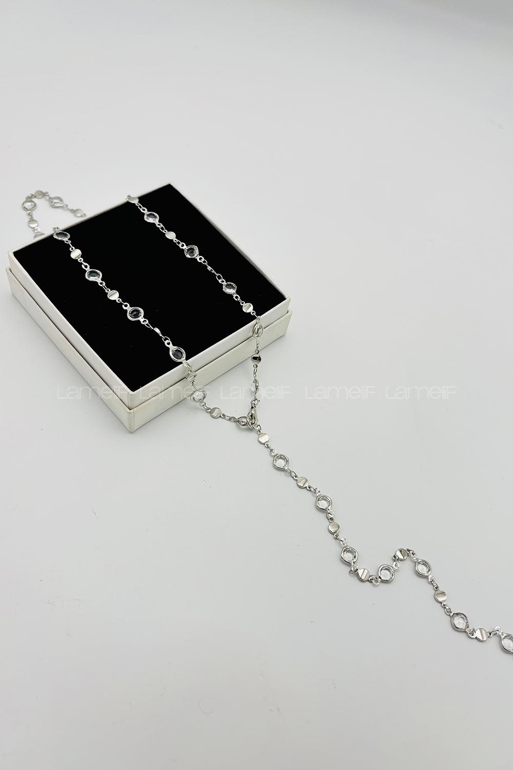 Lamelif Gümüş Oval Taşlı Y Kolye