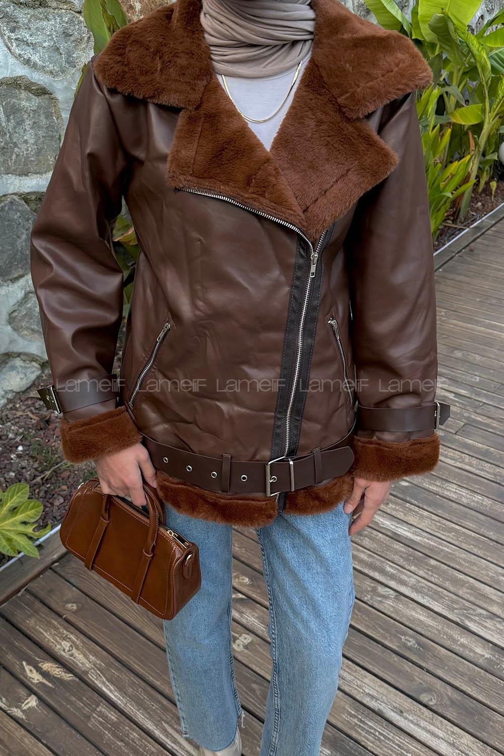 Bitter Brown Zippered Neck Long Arm Coat