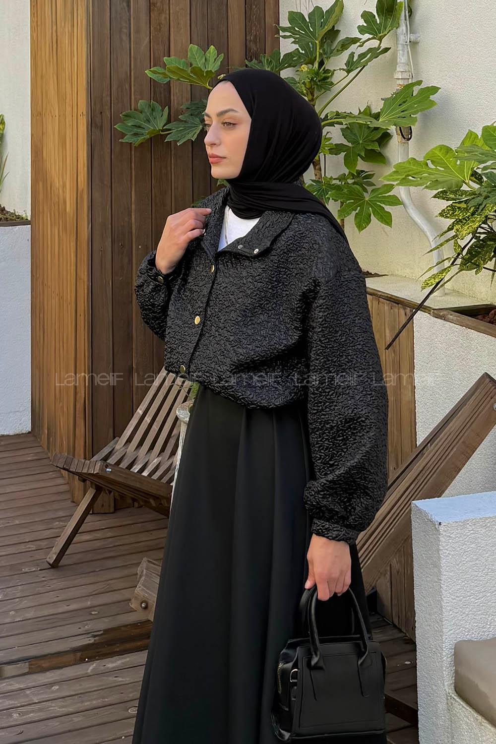 Black Neckband Long Arm Elastan Polyester Jacket