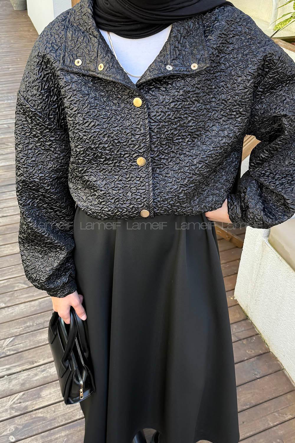 Black Neckband Long Arm Elastan Polyester Jacket