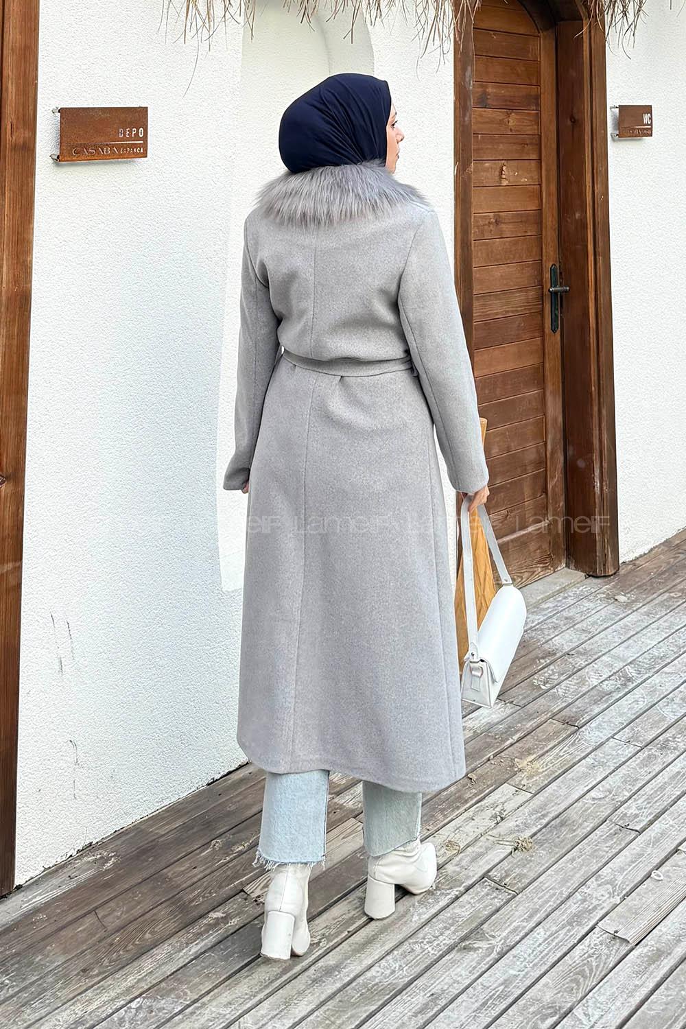 Gray Jacket Collar Long Arm Stamp Fabric Coat