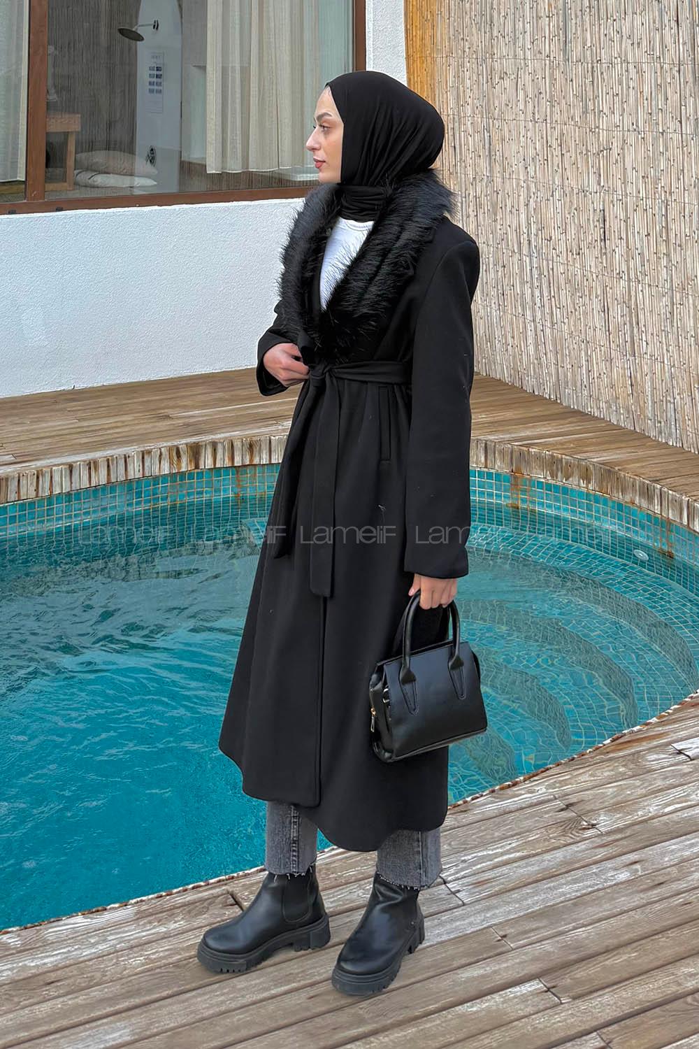 Black Jacket Collar Long Arm Stamp Fabric Coat